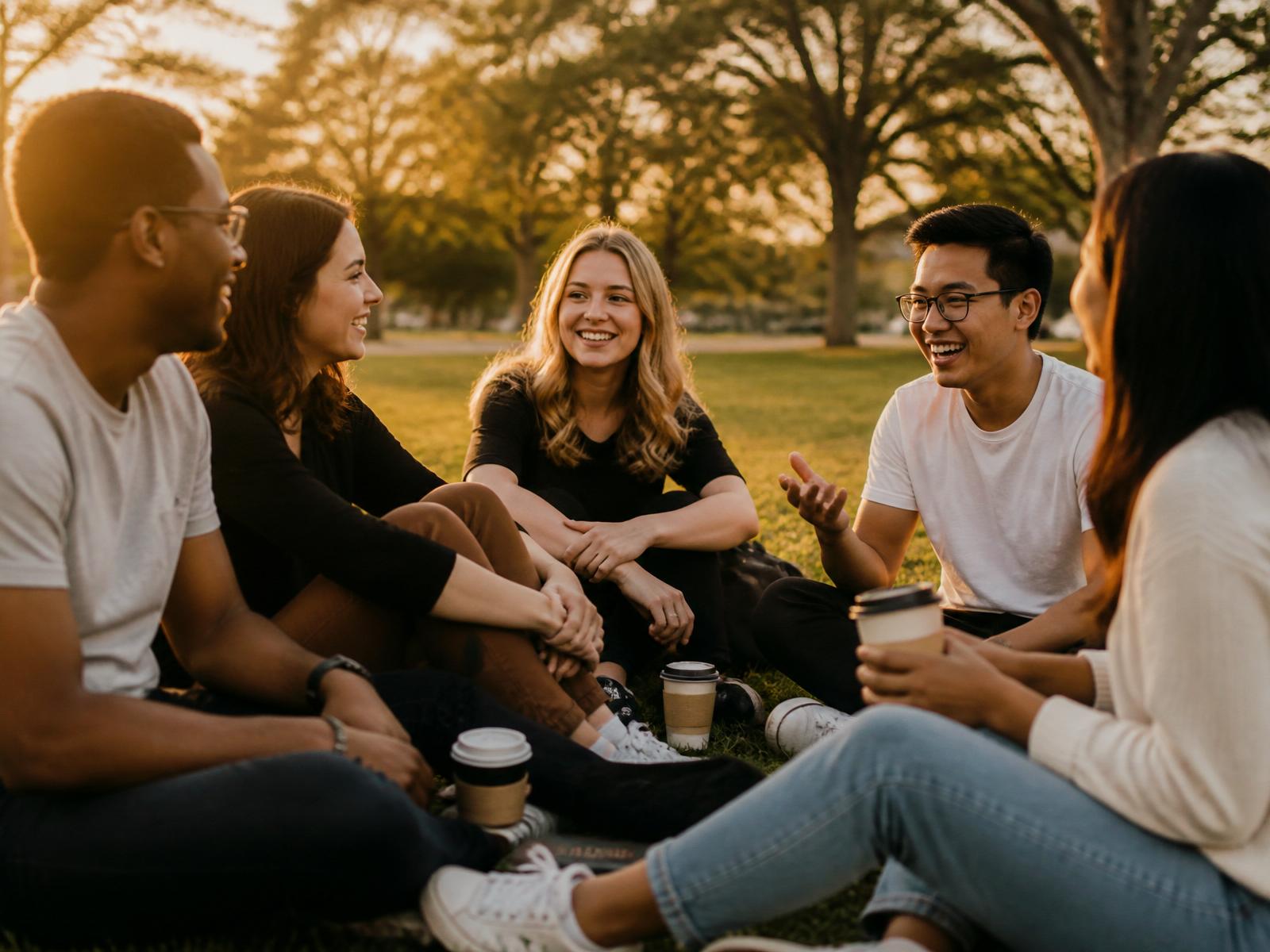 Christian friends laughing together outdoors at golden hour