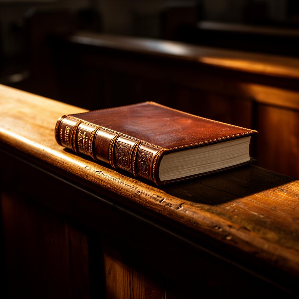 A leather hymnal resting on a wooden pew